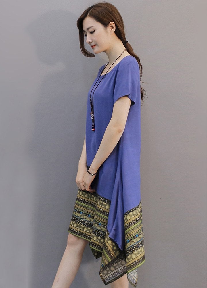 Minibee Women's Ethnic Cotton Linen Short Sleeves Irregular Tunic Dress (M, Blue) - Image 2